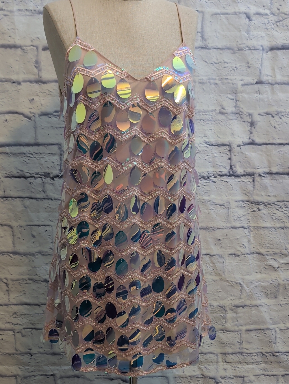 NWT Angel Biba Pink Iridescent Sequin Disco Slip Dress - Size Small